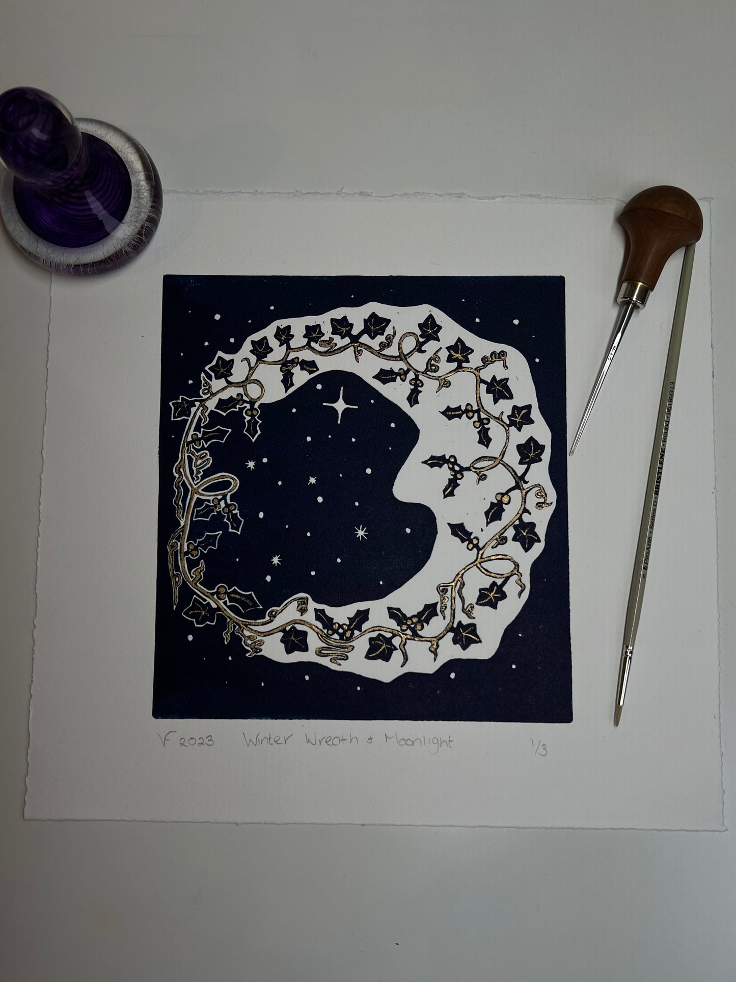 Framed Winter Wreath and Moonlight Limited Edition Original Print