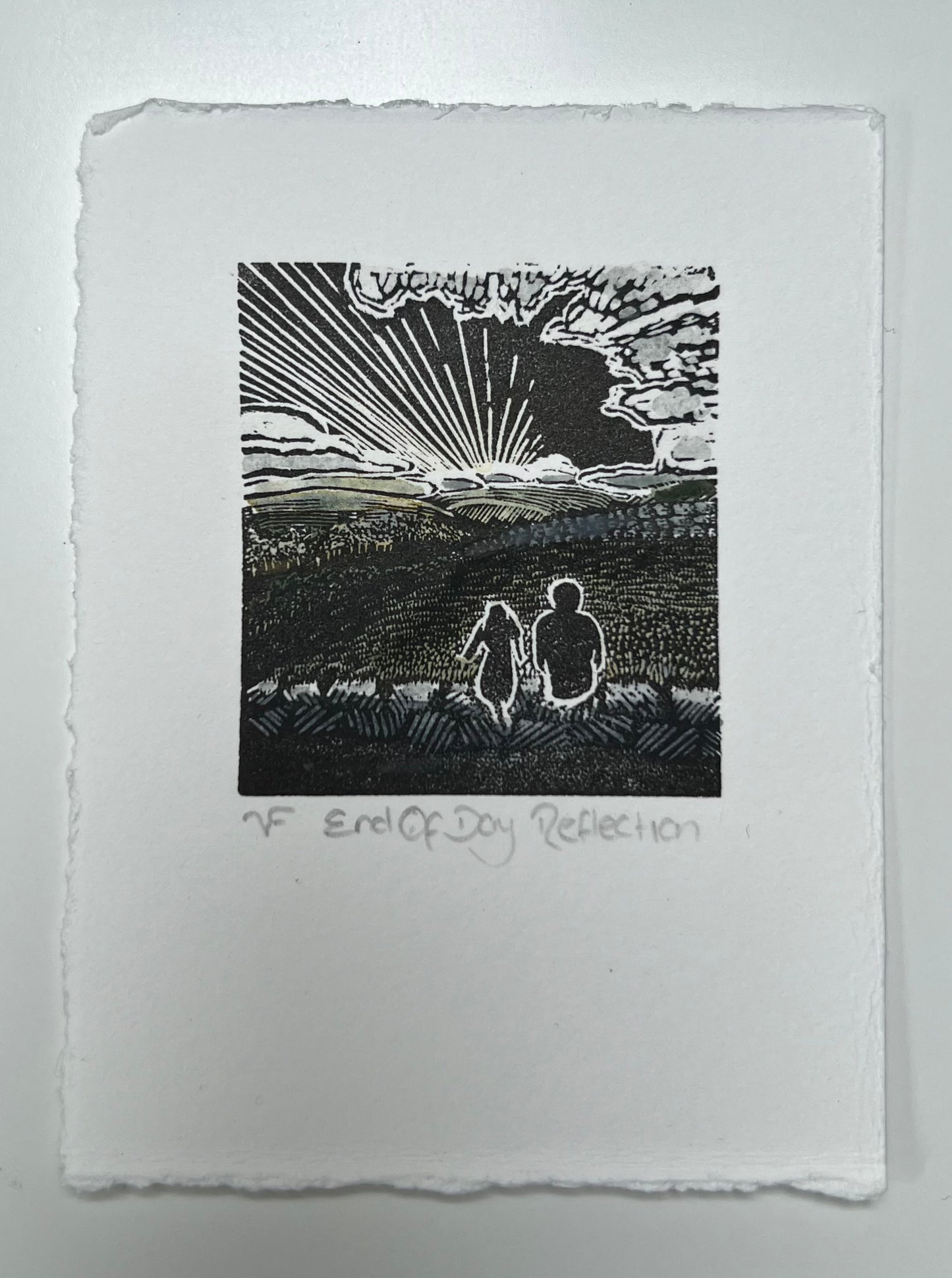 End Of Day Reflection Original Wood Engraving & Watercolour Print